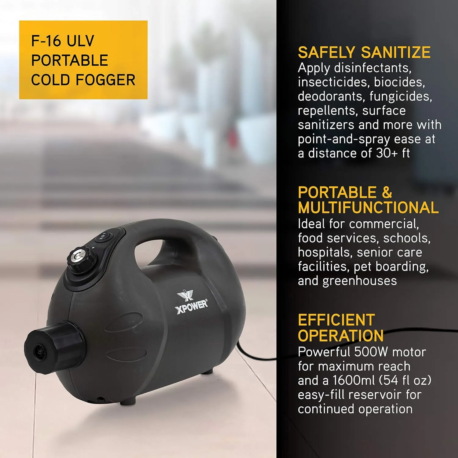 XPOWER F-16 ULV Cold Fogger, Mist Blower, and Sprayer for Cleaning, Disinfecting, Pest Control, Odor Elimination, and Mold Removal, 30  Ft. Spray Distance, 1.6 L Tank Capacity, 2 Speeds