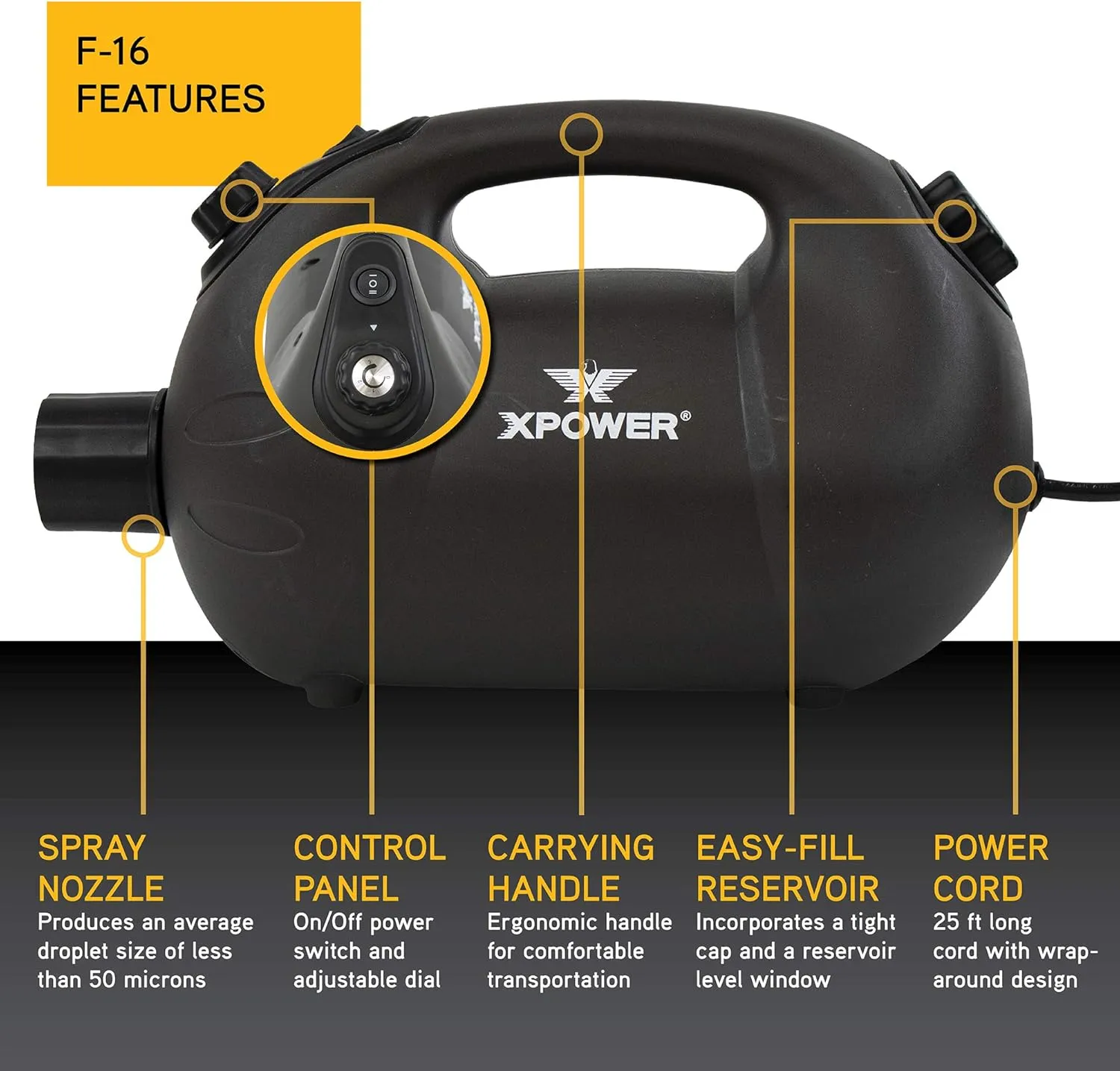 XPOWER F-16 ULV Cold Fogger, Mist Blower, and Sprayer for Cleaning, Disinfecting, Pest Control, Odor Elimination, and Mold Removal, 30  Ft. Spray Distance, 1.6 L Tank Capacity, 2 Speeds